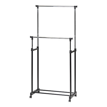 iris usa adjustable double rod clothes garment rack with wheels 596025