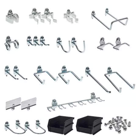 Triton Products 26 pieces Assorted zinc-plated steel hooks and bins for 1/8" and 1/4" pegboards (24 hooks and 2 bins) Pegboard Accessories