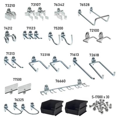 Image showing  26 pc. Zinc Plated Steel Hook and Bin Assortment for 1/8 in. and 1/4 in. Pegboard (24 Asst Hooks and 2 Bins)