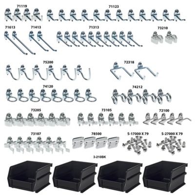 Image showing  Zinc Plated Steel Hook and Bin Assortment for 1/8 in. and 1/4 in. Pegboard, 79 Asst Hooks and 4 Bins, 83 pc.