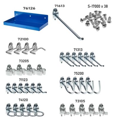 Image showing  12 in. W x 6 in. D Blue Epoxy Coated Steel Pegboard Shelf with 36 pc. DuraHook Assortment