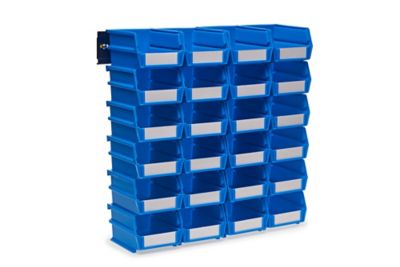 Triton Products Wall Storage Unit with (24) 5-3/8 in. L x 4-1/8 in. W x 3 in. H Blue Interlocking Poly Bins & Wall Mount Rails
