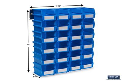 Image showing  Wall Storage Unit with (24) 5-3/8 in. x 4-1/8 in. x 3 in. Blue Interlocking Poly Bins and Wall Mount Rails