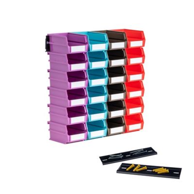 Triton Products Wall Storage Unit with (24) Multi-Colored Interlocking Poly Bins with Hardware, 26-Pack