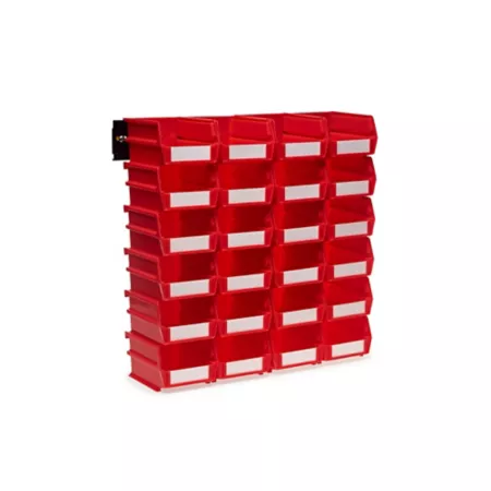 Triton Products Wall Mounted Storage Unit with (24) 5 3/8" L x 4 1/8" W x 3" H Red Interlocking Poly Bins and Wall Mounting Rails Small Parts Organizers