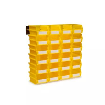 Triton Products Wall Mounted Storage Unit with (24) 5 3/8" L x 4 1/8" W x 3" H Yellow Locking Bins and Wall Mounting Rails Small Parts Organizers