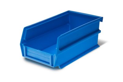 Image showing  7-3/8 in. x 4-1/8 in. x 3 in. Stacking, Hanging, Interlocking Polypropylene Bins, Blue, 6-Pack