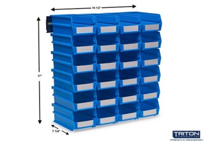 Image showing  Wall Storage Unit with (24) 7-3/8 in. L x 4-1/8 in. W x 3 in. H Blue Interlocking Bins & Wall Mount Rails