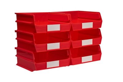 Triton Products 10-7/8 in. x 11 in. x 5 in. Stacking, Hanging, Interlocking Polypropylene Bins, Red, 6-Pack