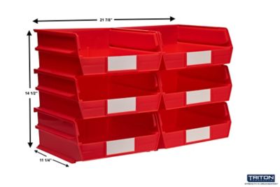 Image showing  10-7/8 in. x 11 in. x 5 in. Stacking, Hanging, Interlocking Polypropylene Bins, Red, 6-Pack