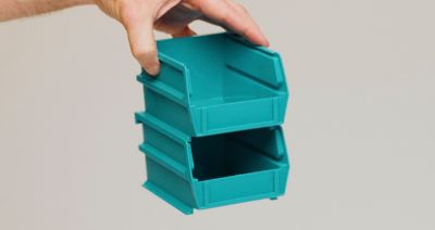 Image showing  10-7/8 in. x 11 in. x 5 in. Stacking, Hanging, Interlocking Polypropylene Bins, Red, 6-Pack