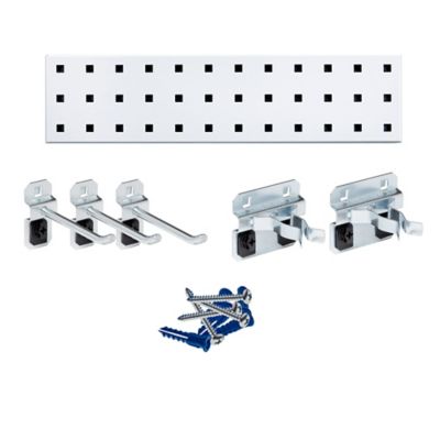 Triton Products White Tool Pegboard Kit, (1) 18 x 4.5 in. 18 Gauge Steel Square Hole Pegboard and 5 pc. LocHook Assortment