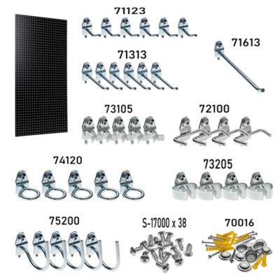 Image showing  24 x 42 x 1/4 in. Wall Ready Black HD Fiberboard Round Hole Pegboard Kit, 36 pc. Locking Hooks, PEG36-BLK