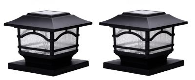 MAXSA Innovations 15-Lumen Solar-Powered Mission Style Post Top and Deck Lights, Metal and Glass, Black, 2-Pack