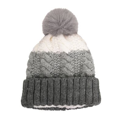 Xetra Women's Colorblock Cuffed Acrylic Cable Hat with Faux Fur Pom