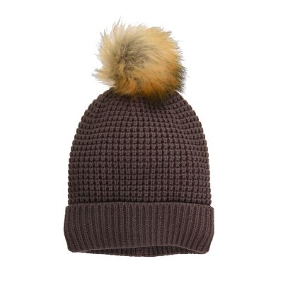 Xetra Waffle Slouch Cuff Hat with Faux Fur Pom