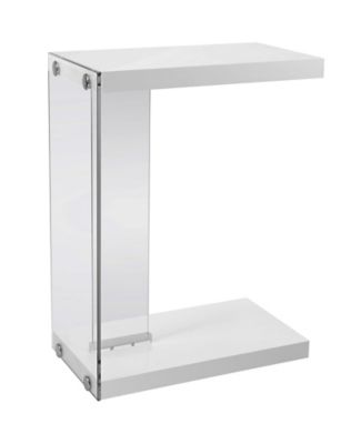 Monarch Specialties C-Shaped End Table in Glossy White with Tempered Glass