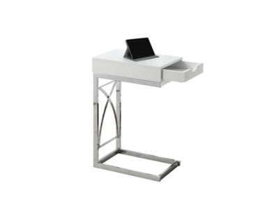 Monarch Specialties C-Shaped Modern Accent Table with Storage Drawer in Glossy White with Chrome Metal Base
