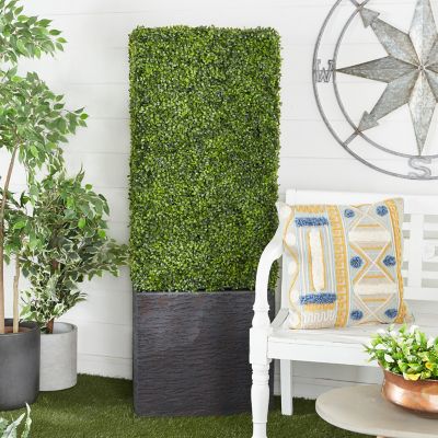 Harper & Willow 59 in. Artificial Green Tall Boxwood Hedge Topiary in Black Cement Planter Box