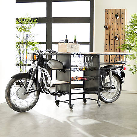 Harper & Willow Rectangular Rustic Mango Wood Motorcycle Bar Cart, 38 in. x 105 in., Black