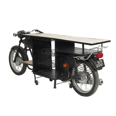 Image showing  Rectangular Rustic Mango Wood Motorcycle Bar Cart, Black