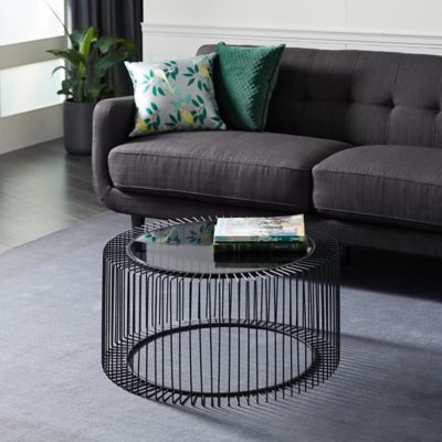 Harper & Willow Black Metal Open Wire Frame Coffee Table with Shaded Glass Top 32" x 32" x 15"