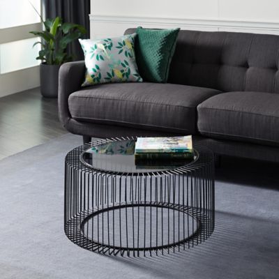 Harper & Willow Square Metal Open Wire Frame Coffee Table with Shaded Glass Top, 32 in. x 32 in. x 15 in., Black