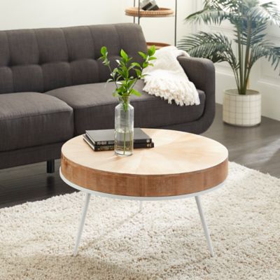 Harper & Willow Brown Wood Coffee Table with White Distressed Tripod Legs 32" x 32" x 18"