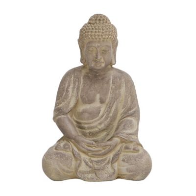 Image showing  Ceramic Meditating Buddha Sculpture with Engraved Carvings and Relief Detailing, 8 in. x 7 in. x 12 in., Beige