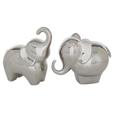 Image showing  Porcelain Contemporary Elephant Sculpture, 6 in. and 7 in., Silver, 2 pc.