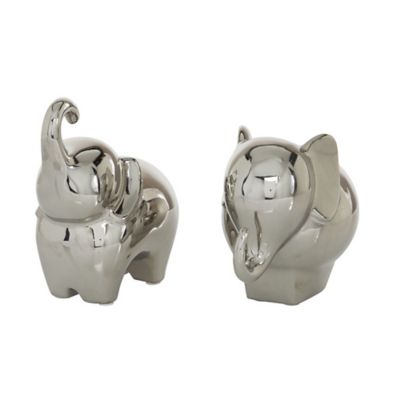 Image showing  Porcelain Contemporary Elephant Sculpture, 6 in. and 7 in., Silver, 2 pc.
