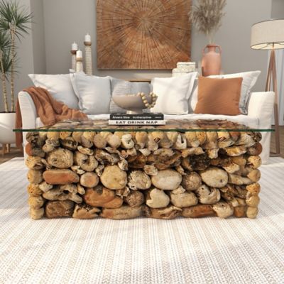 Harper & Willow Brown Wood Handmade Stacked Collage Coffee Table with Clear Glass Top, 46" x 29" x 17"