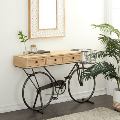 Harper & Willow 3-Drawer Metal Bike Console Table with Wood Top, 58 in. x 15 in. x 34 in., Black/Brown