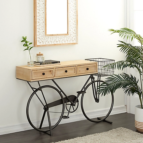 Harper & Willow Black Metal 3 Drawers Bike Console Table with Brown Wood Top 58" x 15" x 34"
