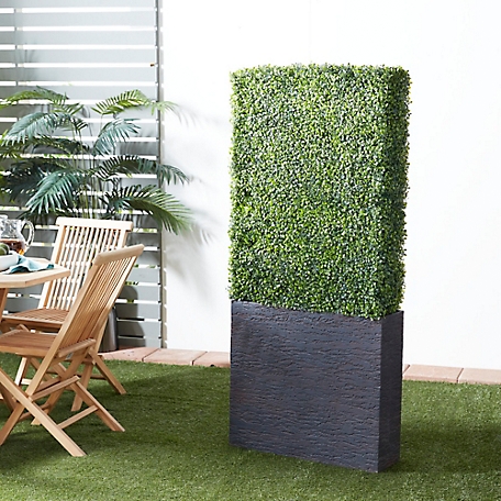 Harper & Willow Green Faux Foliage Tall Boxwood Hedge Topiary with Black Cement Planter Box 29 in. x 9 in. x 66 in.