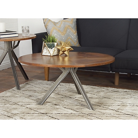Harper & Willow Brown Wood Industrial Coffee Table with Grey Metal Tripod Base 36" x 36" x 17"