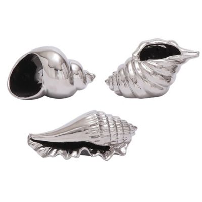 Image showing  3 pc. Silver Ceramic Coastal Shell Sculpture Set, 8 in., 7 in., 6 in.