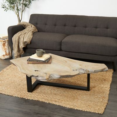 Harper & Willow Brown Wood Handmade Live Edge Wood Slab Coffee Table with Black T Stand Base, 50 in. x 32 in. x 15 in.