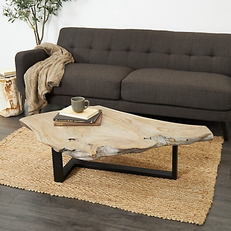 Harper & Willow Brown Wood Handmade Live Edge Wood Slab Coffee Table with Black T Stand Base, 50 in. x 32 in. x 15 in.