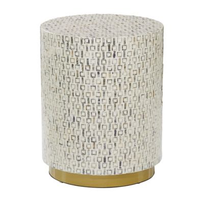 Image showing  Contemporary Round White Shell and Wood Geometric Table, 22.35 in. x 17.8 in. x 17.8 in.