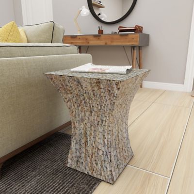 Image showing 12 th Harper & Willow Multi Mussel Shells and Wood Contemporary Accent Table, 19 in. x 15 in. x 15 in.