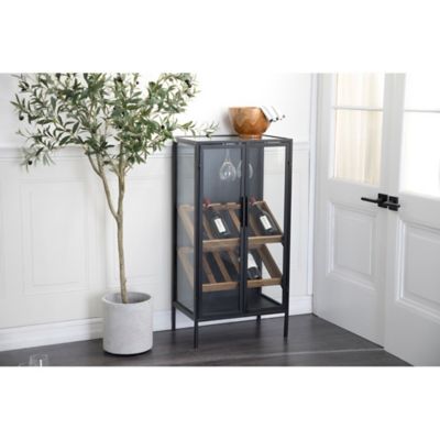 Harper & Willow Black Metal 10 Bottle Standing Wine Rack with Wine Glass Holders and Wood Accents 21" x 15" x 40"