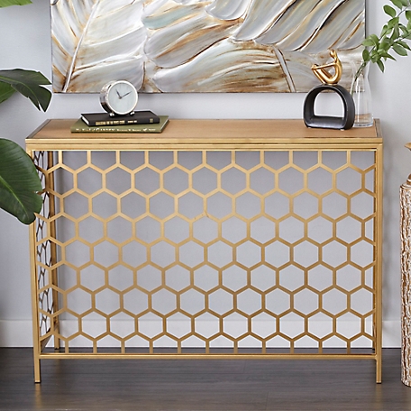 Harper & Willow Gold Metal Honeycomb Pattern Geometric Console Table with Brown Wood Top 42" x 14" x 30"
