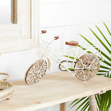 Harper & Willow White Metal Bike Sculpture with Carved Wood Wheels 19" x 5" x 12"