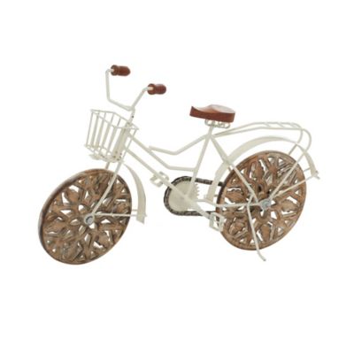 Image showing  White Metal Bike Sculpture with Carved Wood Wheels 19" x 5" x 12"