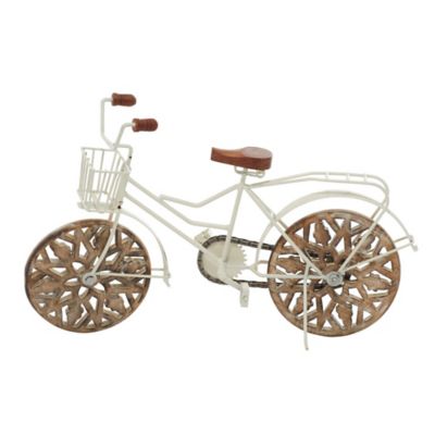 Image showing  White Metal Bike Sculpture with Carved Wood Wheels 19" x 5" x 12"