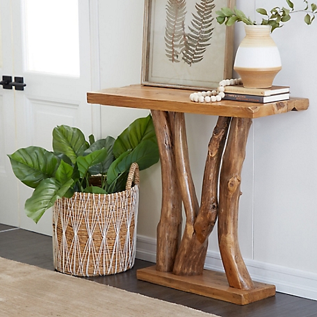 Harper & Willow Brown Teak Wood Small Live Edge Tree Trunk Console Table 35" x 14" x 32"
