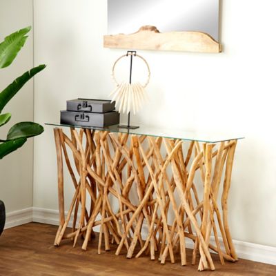 Harper & Willow Brown Teak Wood Handmade Tree Branch Console Table with Clear Glass Top 51