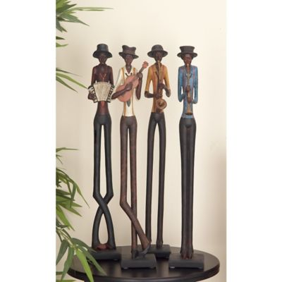 Harper & Willow Brown Polystone Tall Long Legged Jazz Band Musician Sculpture with Black Base Stand Set of 4 4"W, 24"H
