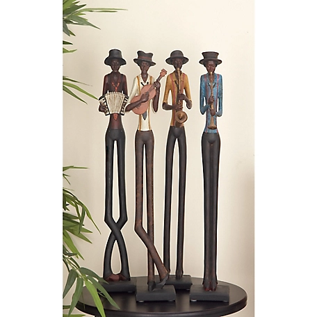 Harper & Willow Brown Polystone Tall Long Legged Jazz Band Musician Sculpture with Black Base Stand Set of 4 4"W, 24"H